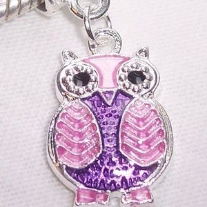 Silver Purple Enamel Owl Dangle Charm